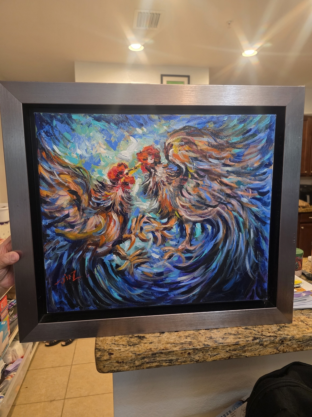 Colorful Rooster Dance Framed Art Print - Blue